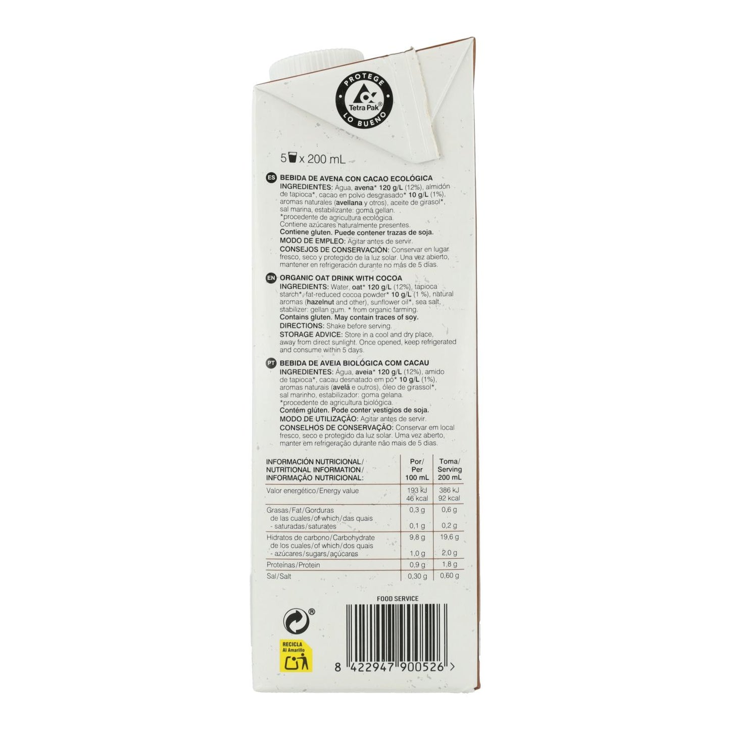 Embalagem de 6 x Bebida de Aveia Natural Biológica Soria com Cacau 1 L