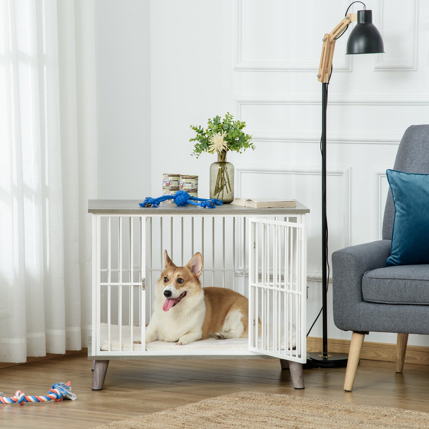 Pawhut Jaula Para Perros De Madera 86x60x70 Cm Con Superficie De Mesa Puerta_3