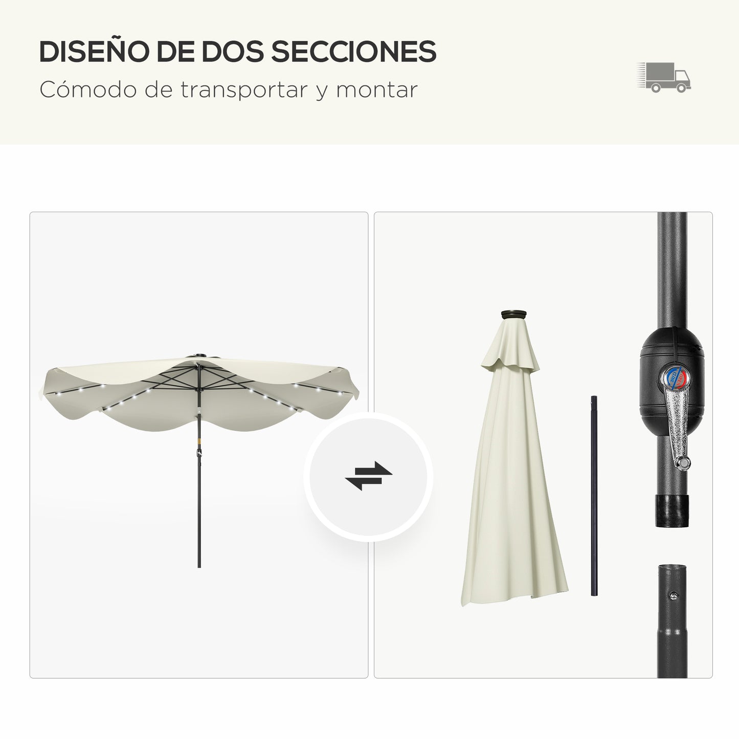 Outsunny Sombrilla De Jardín Ø292x254 Cm Con 32 Luces Led Solares Crema_3