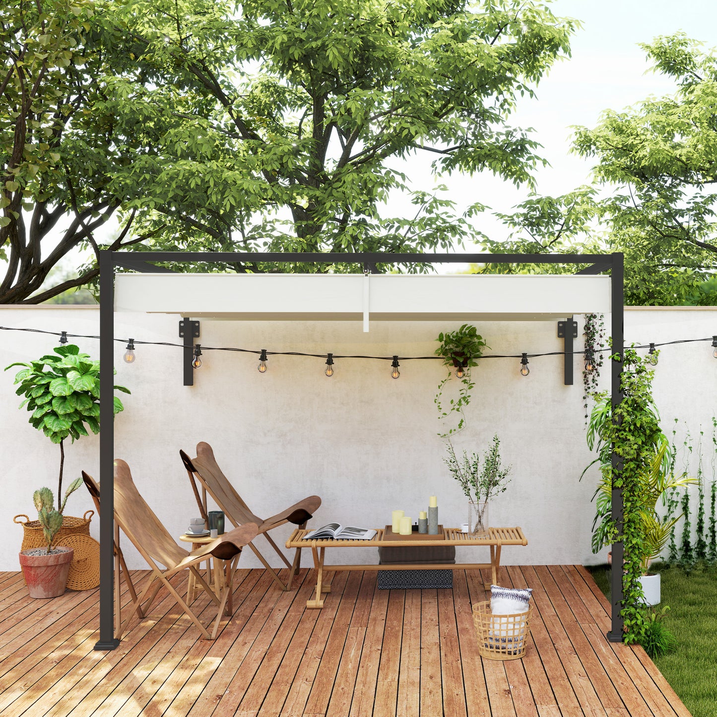 Outsunny Pérgola Con Techo Retráctil 3x2 M Con Tela De Poliéster Crema_3