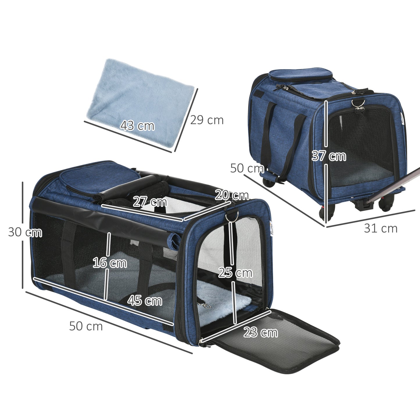 Pawhut 4 En 1 Transportadora Para Mascotas Con Ruedas 50x31x37 Cm Azul_2