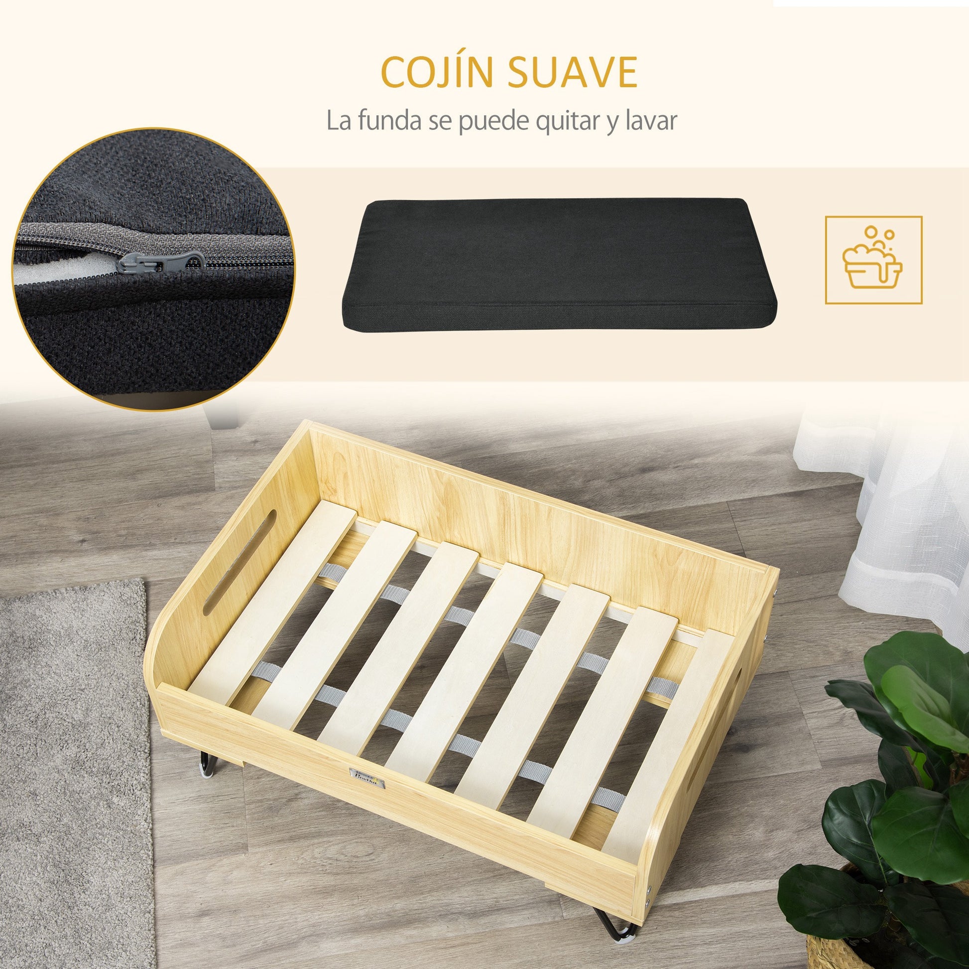 Pawhut Cama De Madera Para Perros Con Cojín Acolchado Patas De Acero 70x45x32 Cm_3