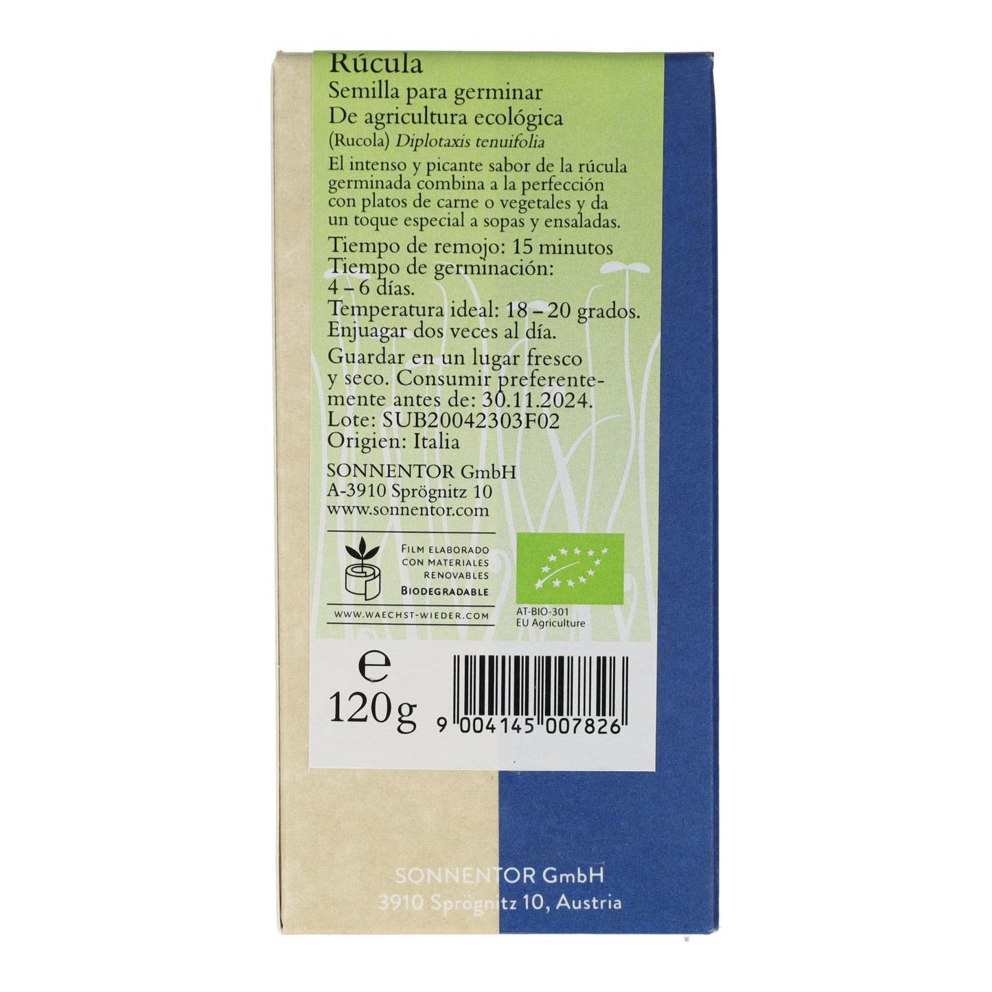 Sementes de rúcula biológica Sonnetor para germinação 120 g