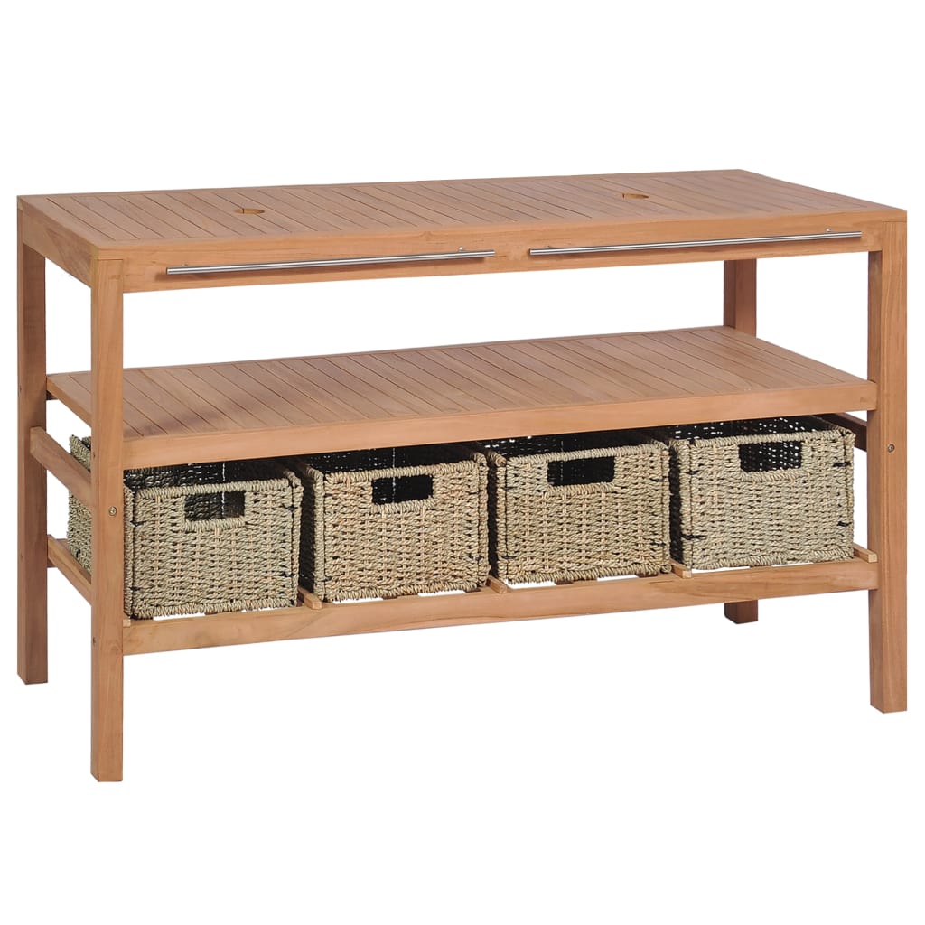 Mueble Lavabo Tocador Madera Teca Maciza 4 Cestas 132x45x75 Cm_1