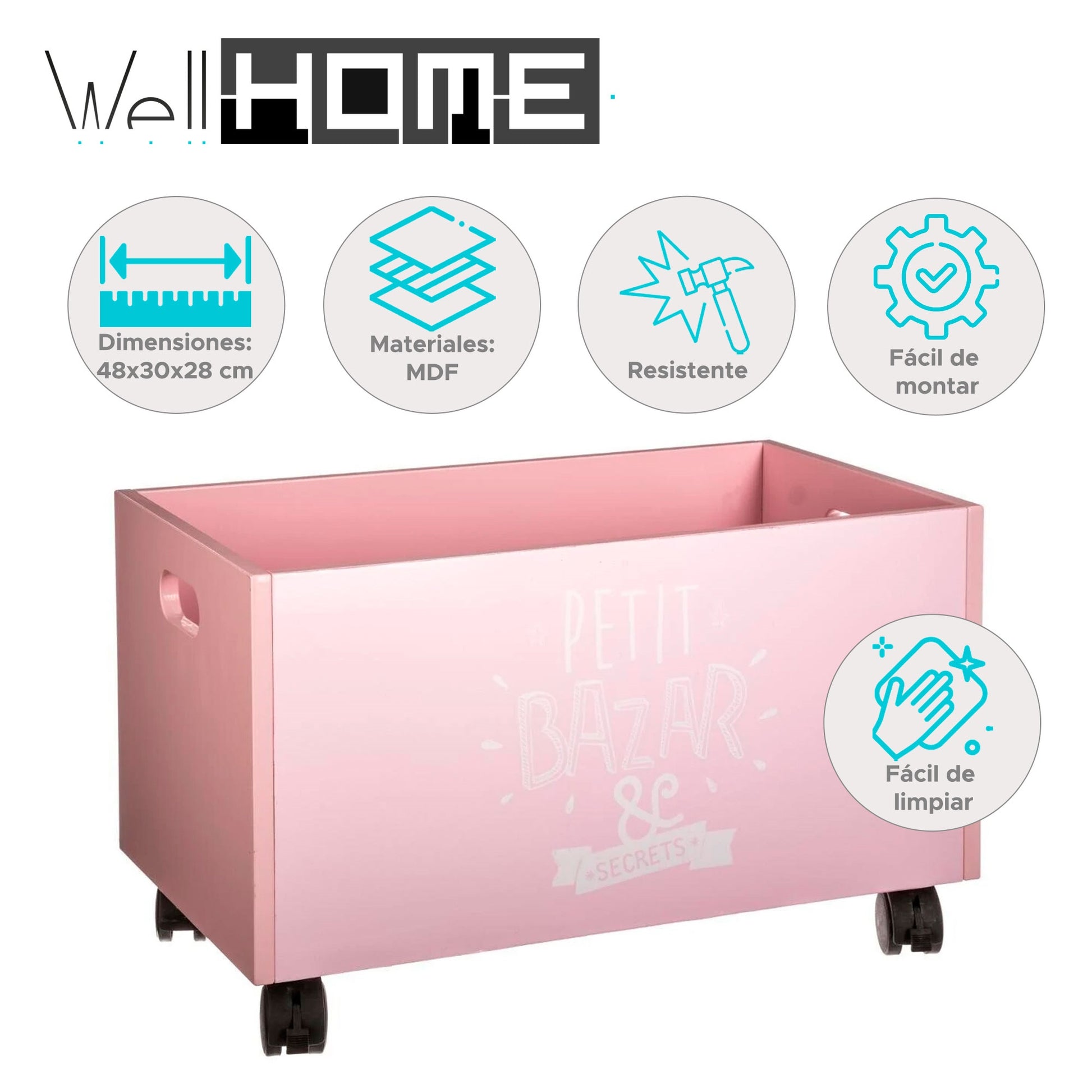 Well Home Cofre De Juguetes Rosa Con Ruedas Mdf 48x28x28,5cm_1