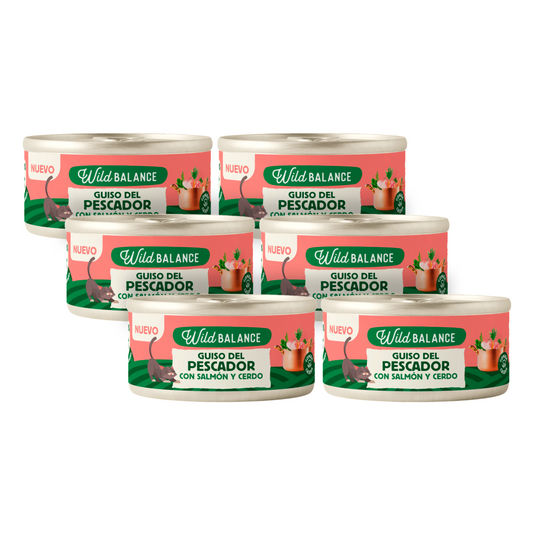 Ração para gatos Wild Balance Fisherman's Stew com salmão e porco, pacote de 6 unidades de 80g