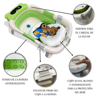 Bañera Plegable Para Bebés, Cojín Oso, Termómetro, Patas Antideslizantes (verde Oso) Bathby_4