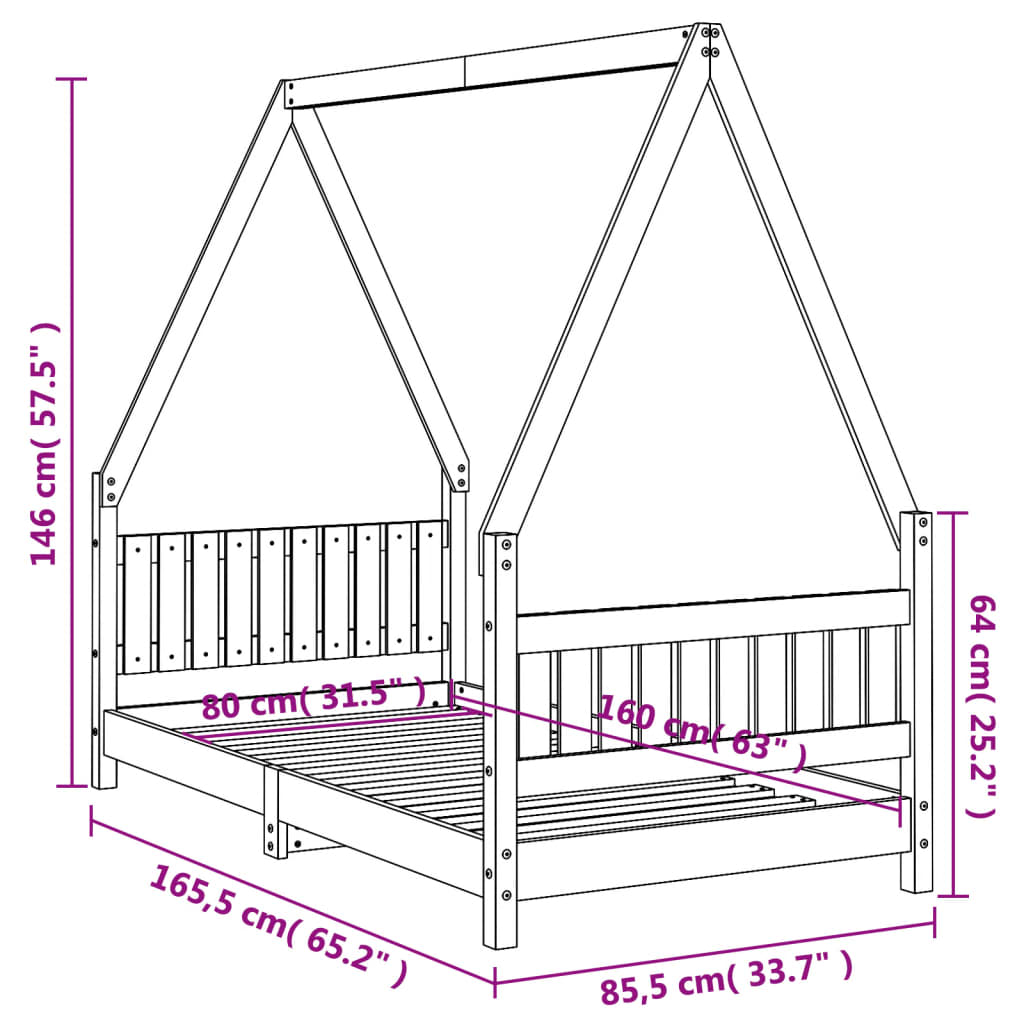 Estructura De Cama Para Niños Madera Maciza De Pino 80x160 Cm / Vetonek_5