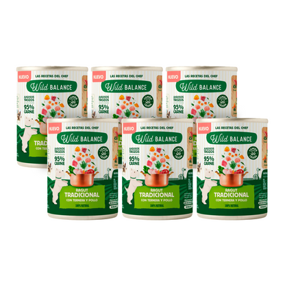 Embalagem de 6 ragus tradicionais de carne e frango Wild Balance para cães, 400 g