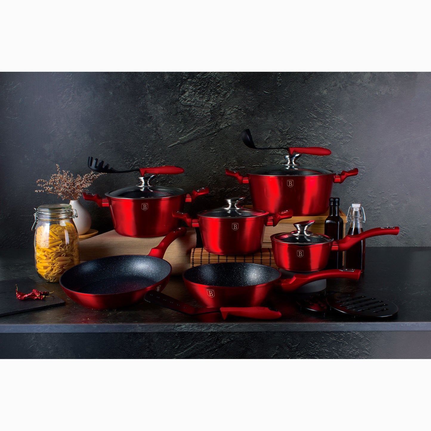 Batería Cocina Inducción 15 Piezas Antiadherente Sin Pfoa Aluminio Cazuelas Sartenes Utensilios Berlinger Haus Burgundy Rojo_1