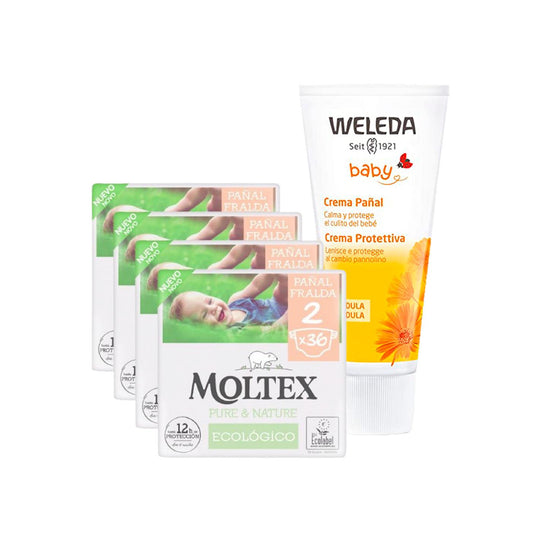 PACOTE ESPECIAL Creme para Fraldas de Calêndula Weleda 75ml + Pacote de Poupança Fraldas T2 (3-6 kg) Moltex Pure &amp; Nature 144 Unidades