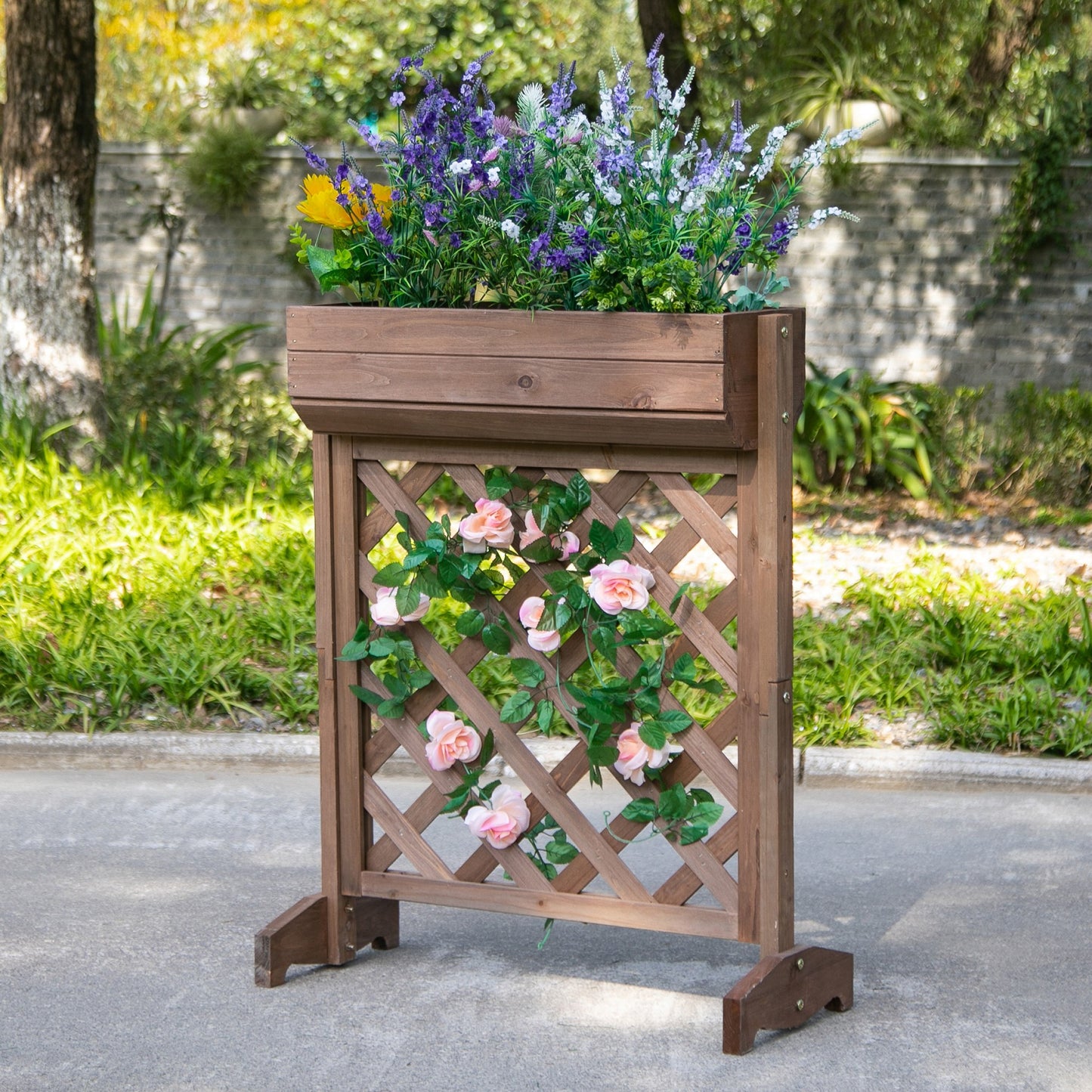 Outsunny Jardinera Con Enrejado De Madera Maciza Plantas Flores Trepaderas_1
