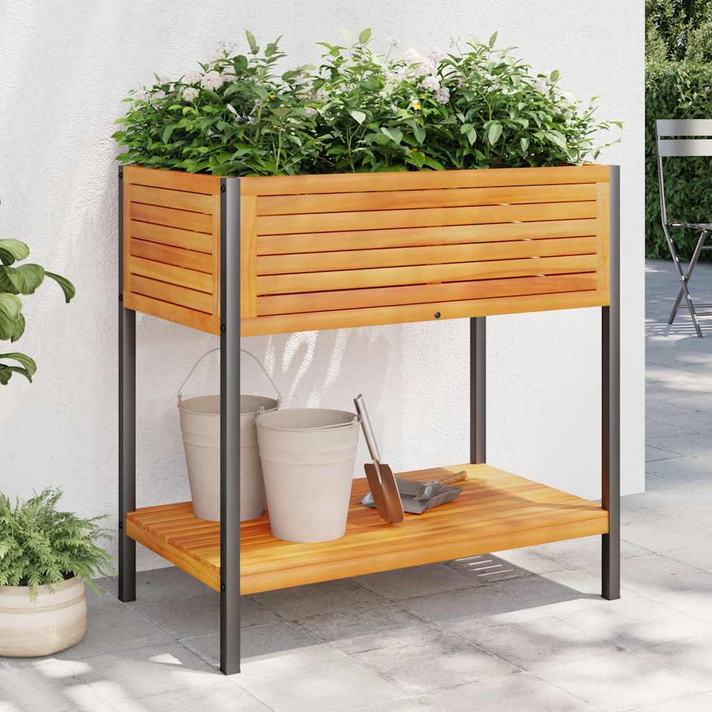 Jardinera Con Estante Madera Maciza Acacia Y Acero 80x45x80 Cm_1