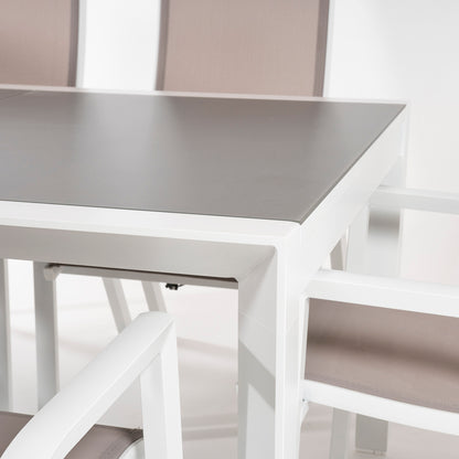 Conjunto De Jardín, Mesa Extensible 160/210 Cm Y 6 Sillones Reclinables, Aluminio Blanco, Textilene Taupé, Cristal Mate, Templado Y Grueso Color Taupé_4