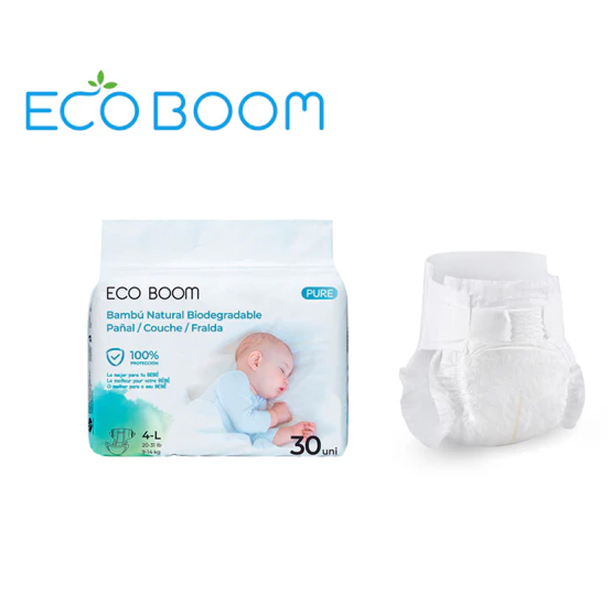 Fralda Pure Premium ECO BOOM Bamboo T4/L (9 a 14 kg) 30 unidades