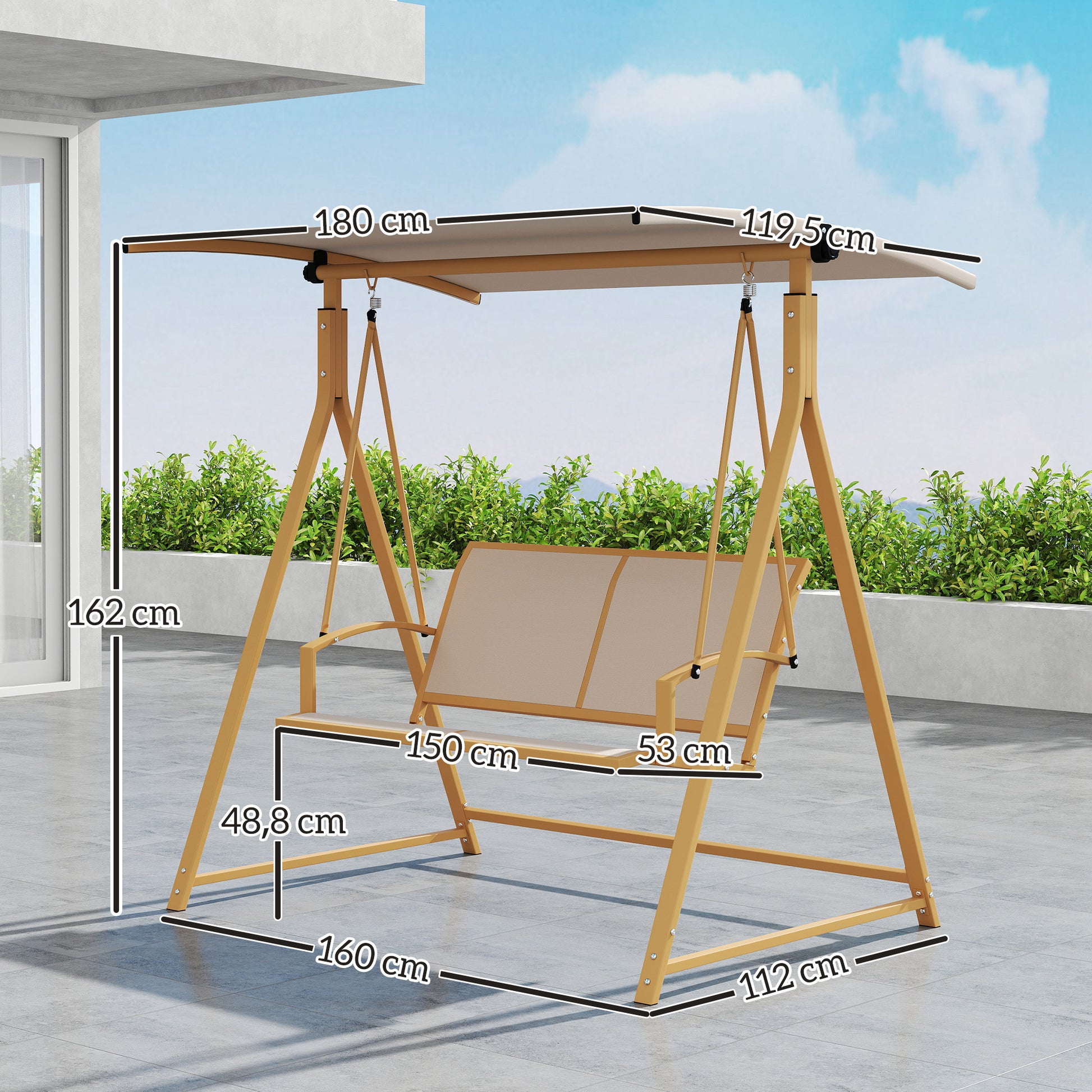 Outsunny Columpio De Jardín De 2 Plazas Con Toldo Ajustable 160x112x162 Cm Caqui_2