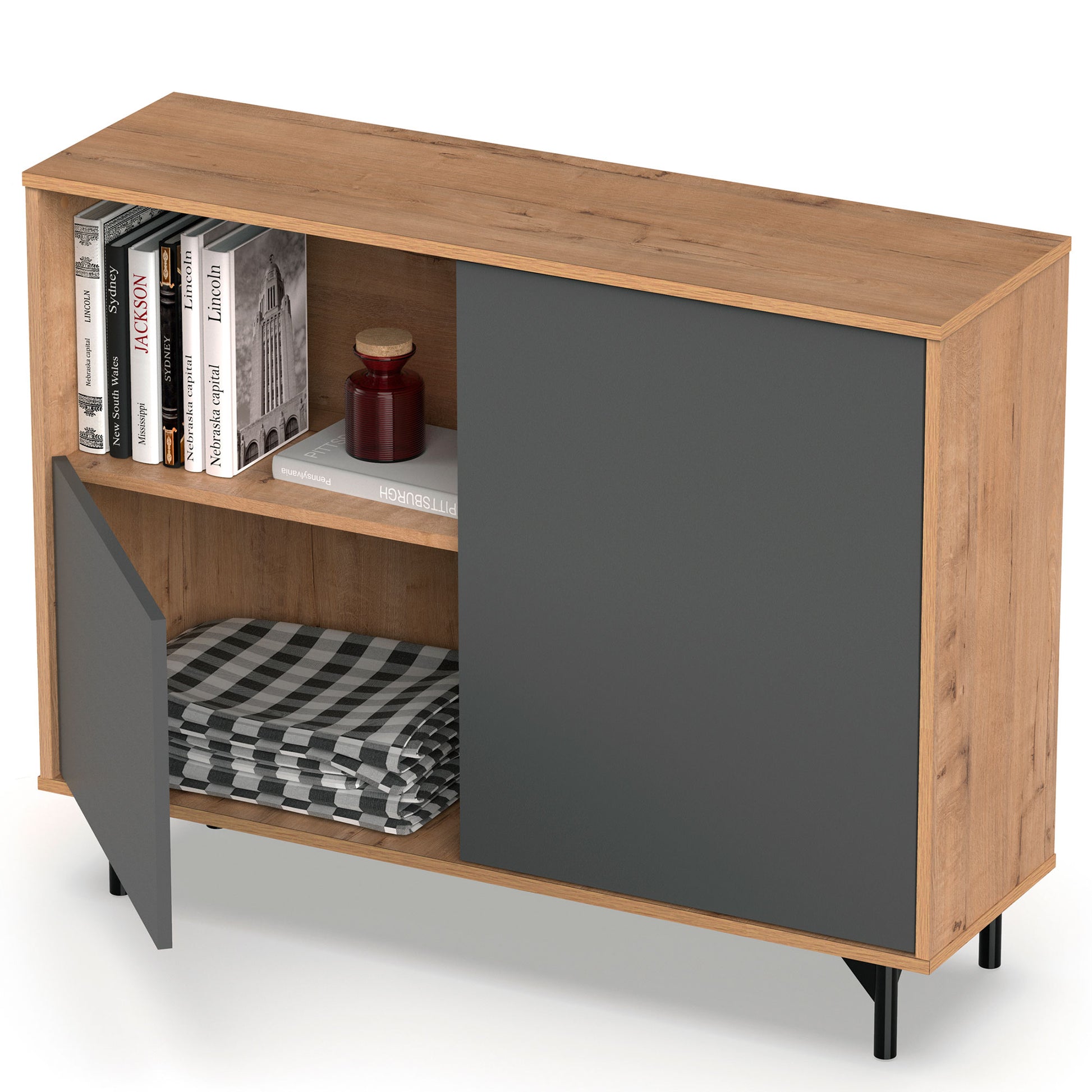 Aparador, Mueble Salón Auxiliar, Buffet, 2 Puertas, 1 Estante 86x112x33 Cm Recibidor Moderno, Briebe, Fokus, Gris_3