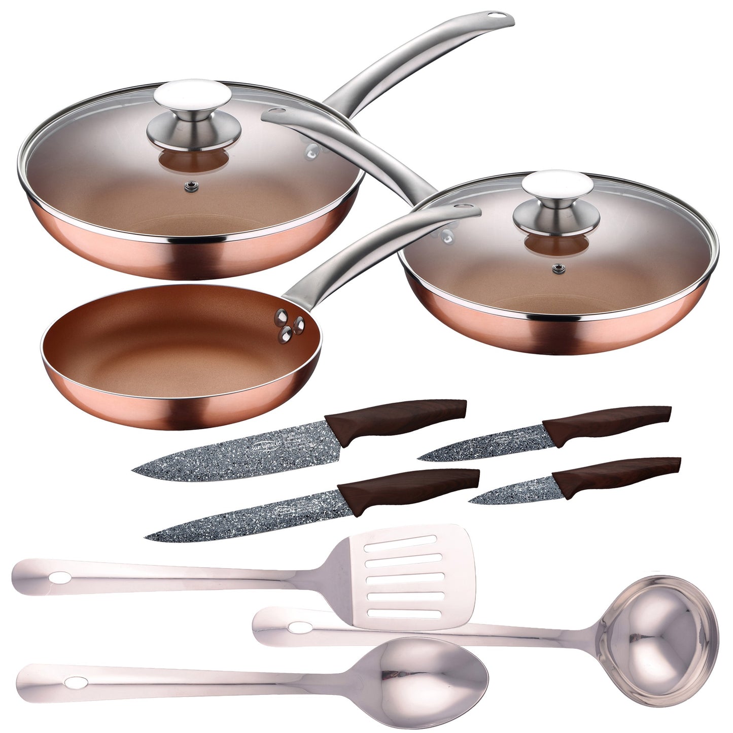 Set 5pc Sartenes (con Tapa) Aluminio Prensado Inducción Con Set 3 Pc Utensilios Cocina Acero Inoxidable Con Set 4pc Cuchillos Acero Inoxidable