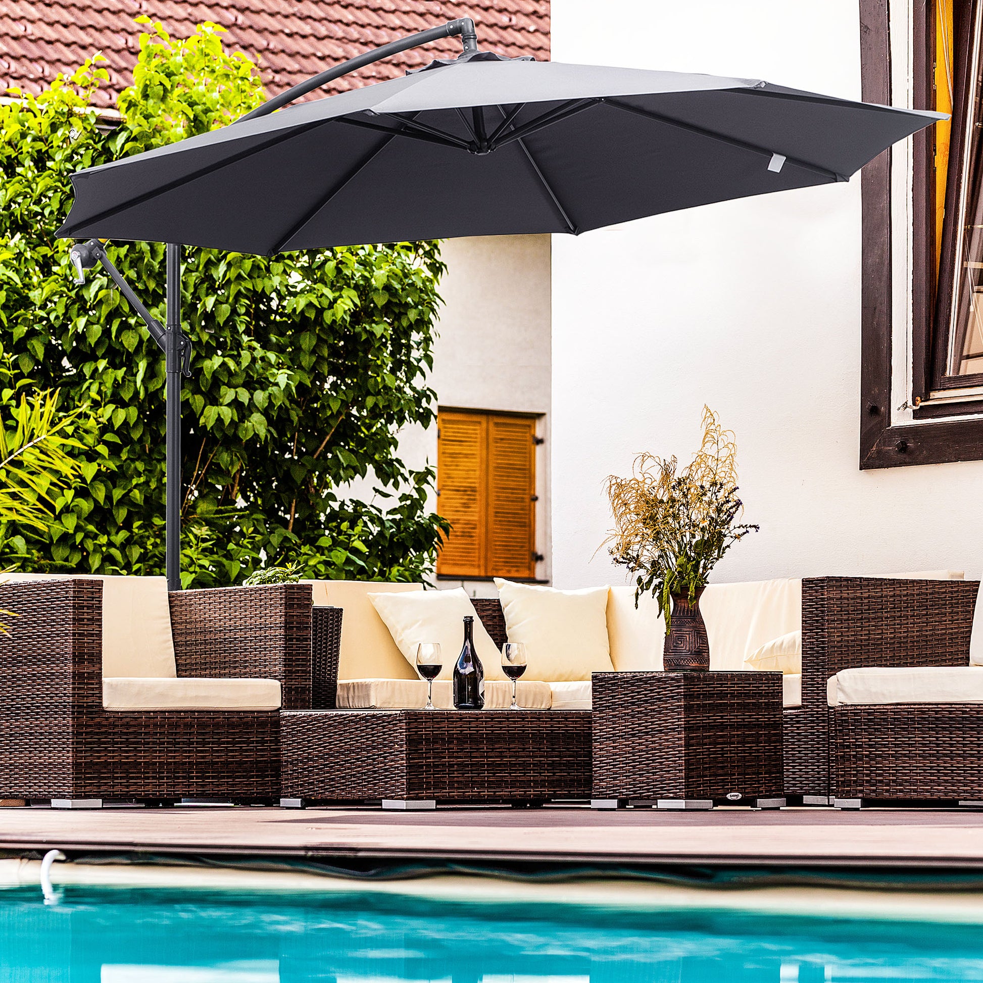 Outsunny Sombrilla De Jardín Ø295x255cm Inclinable Manivela Base Cruzada Gris_1