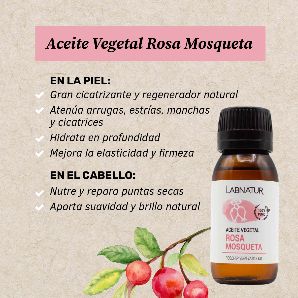 Aceite Vegetal de Rosa Mosqueta 100% Puro Labnatur 50 ml | Regenera y Suaviza | Rostro, Cuerpo y Cabello | Vegano_1