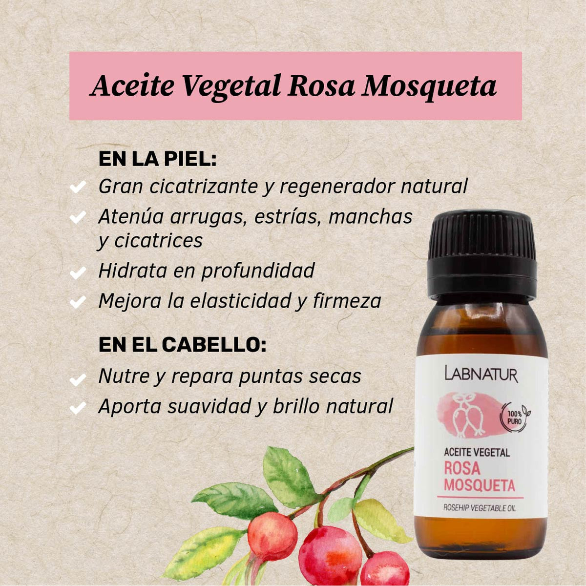 Aceite Vegetal de Rosa Mosqueta 100% Puro Labnatur 50 ml | Regenera y Suaviza | Rostro, Cuerpo y Cabello | Vegano_1