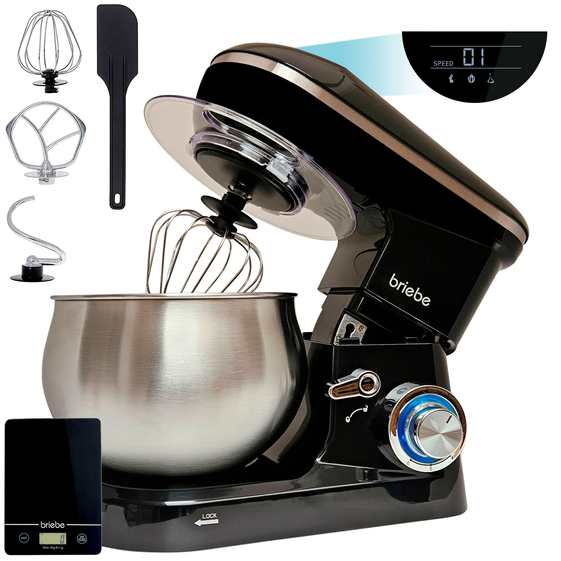 Briebe Batidora Amasadora Repostería Profesional 5l+ Báscula Cocina 6 Velocidades + Pulso Pantalla Led, Km1164b, Negro_0