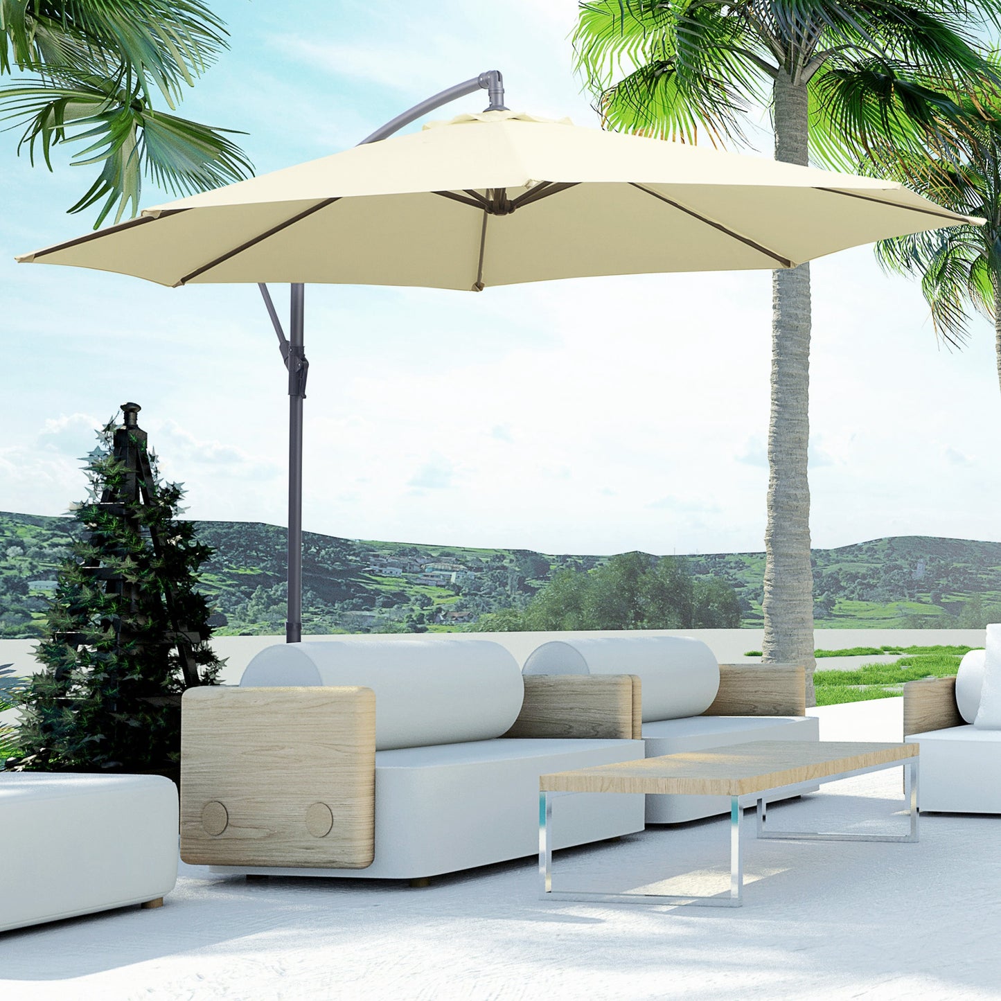 Outsunny Sombrilla De Jardín Ø300x250cm Inclinable Manivela Base Cruzada Beige_1