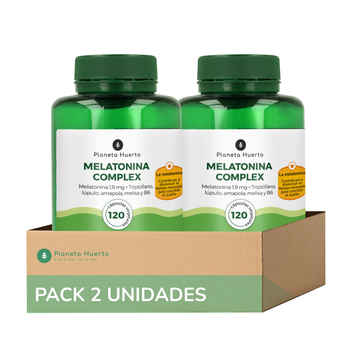 Embalagem 2x Complexo de Melatonina Planeta Huerto 120 cápsulas