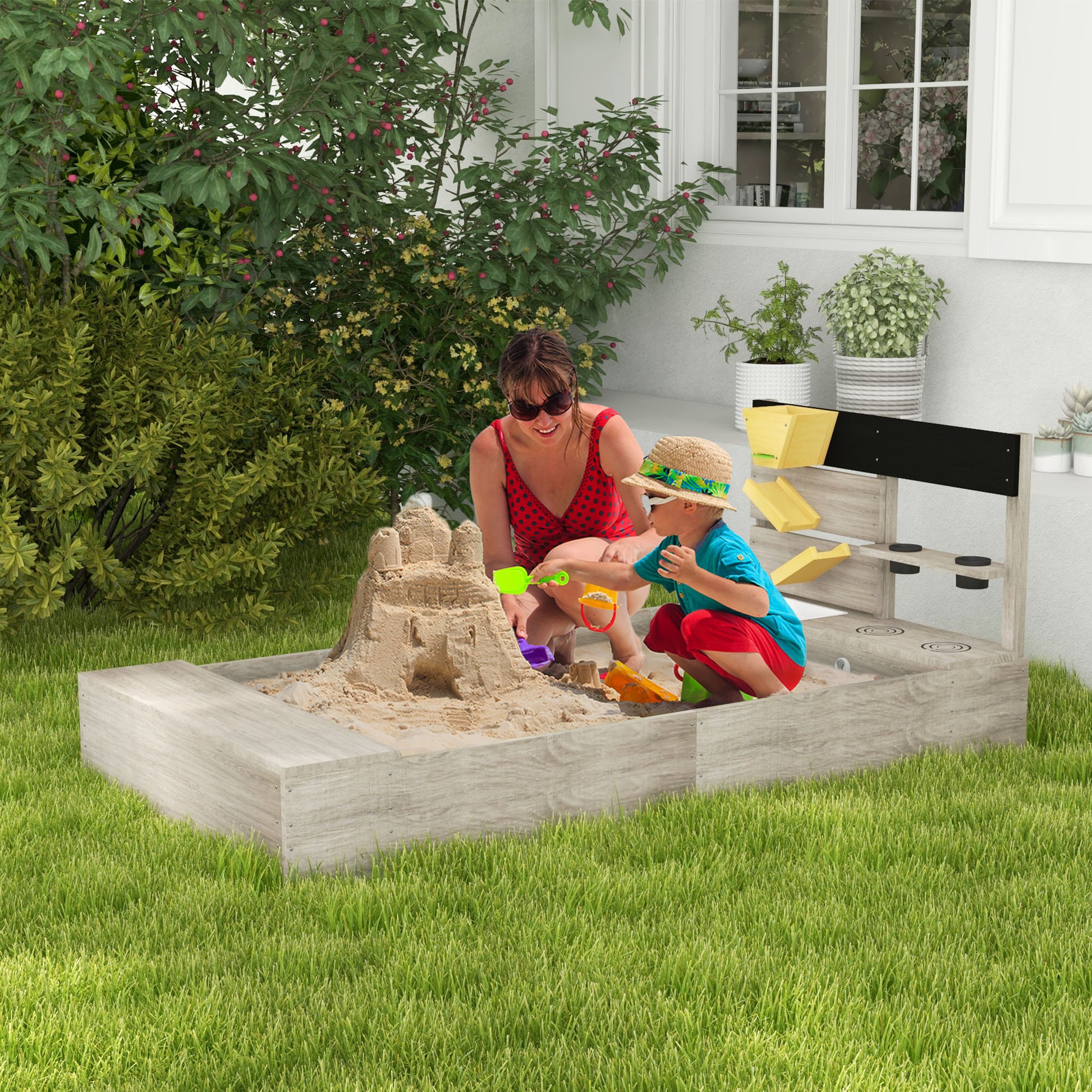 Outsunny Arenero Para Niños De Madera Con 2 Asientos 154x80x60 Cm Gris_1
