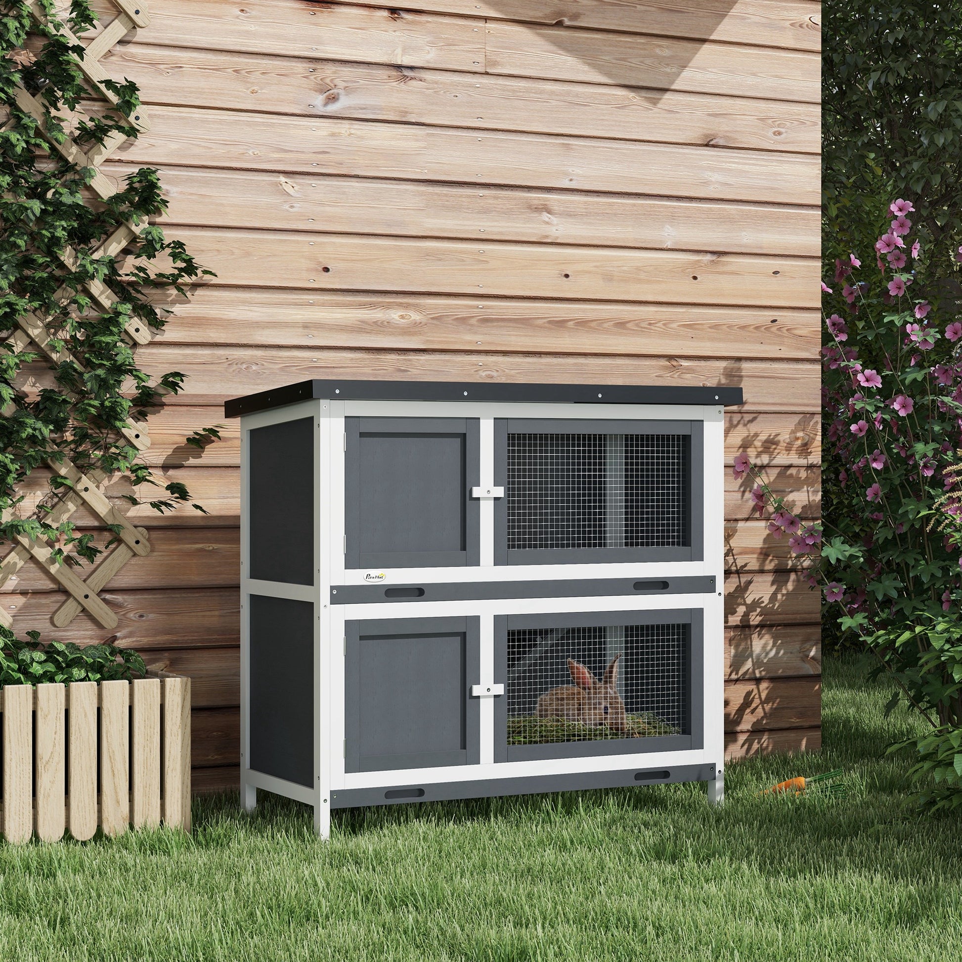 Pawhut Conejera De Madera 97x44x91 Cm Con Techo Asfáltico Puertas Con Pestillo_1