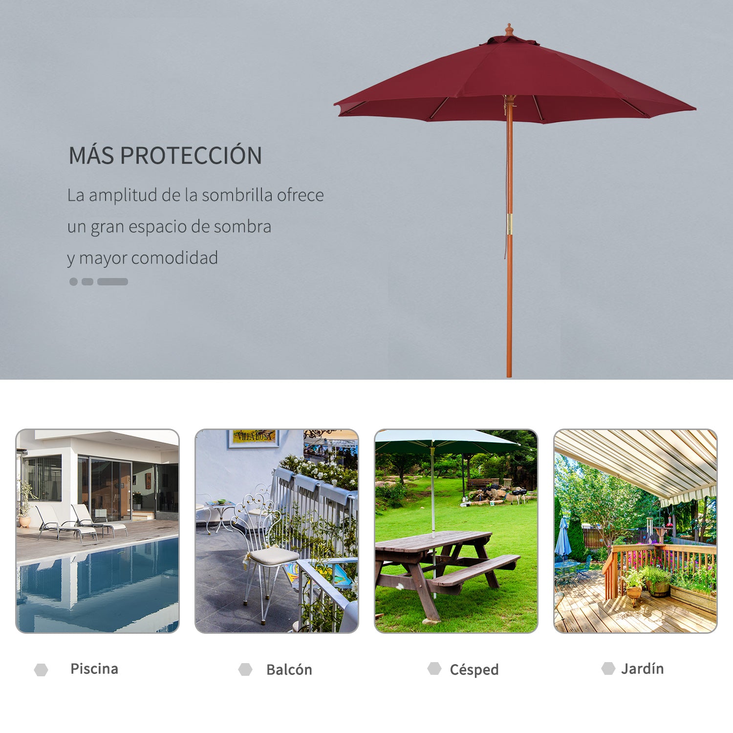 Outsunny Sombrilla De Madera Ajustable Ventilación Sistema Polea Ø257x253cm Rojo_5