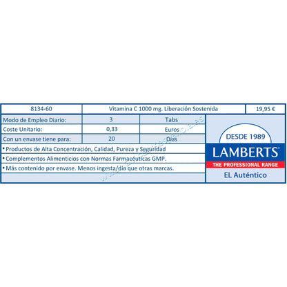 Lamberts Vitamina C 1000 mg Libertação Sustentada com Bioflavonoides e Rosa Mosqueta, 60 Comprimidos