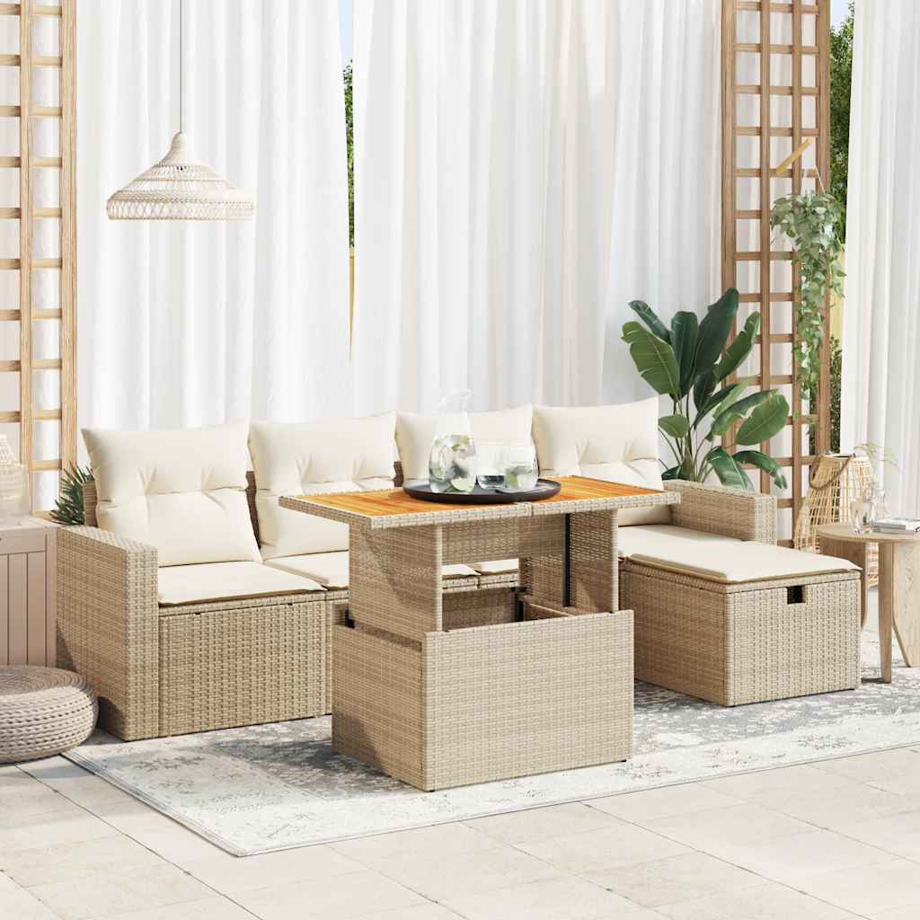Set Sofás Jardín Y Cojines 6 Pzas Ratán Sintético Acacia Beige / Vetonek_4