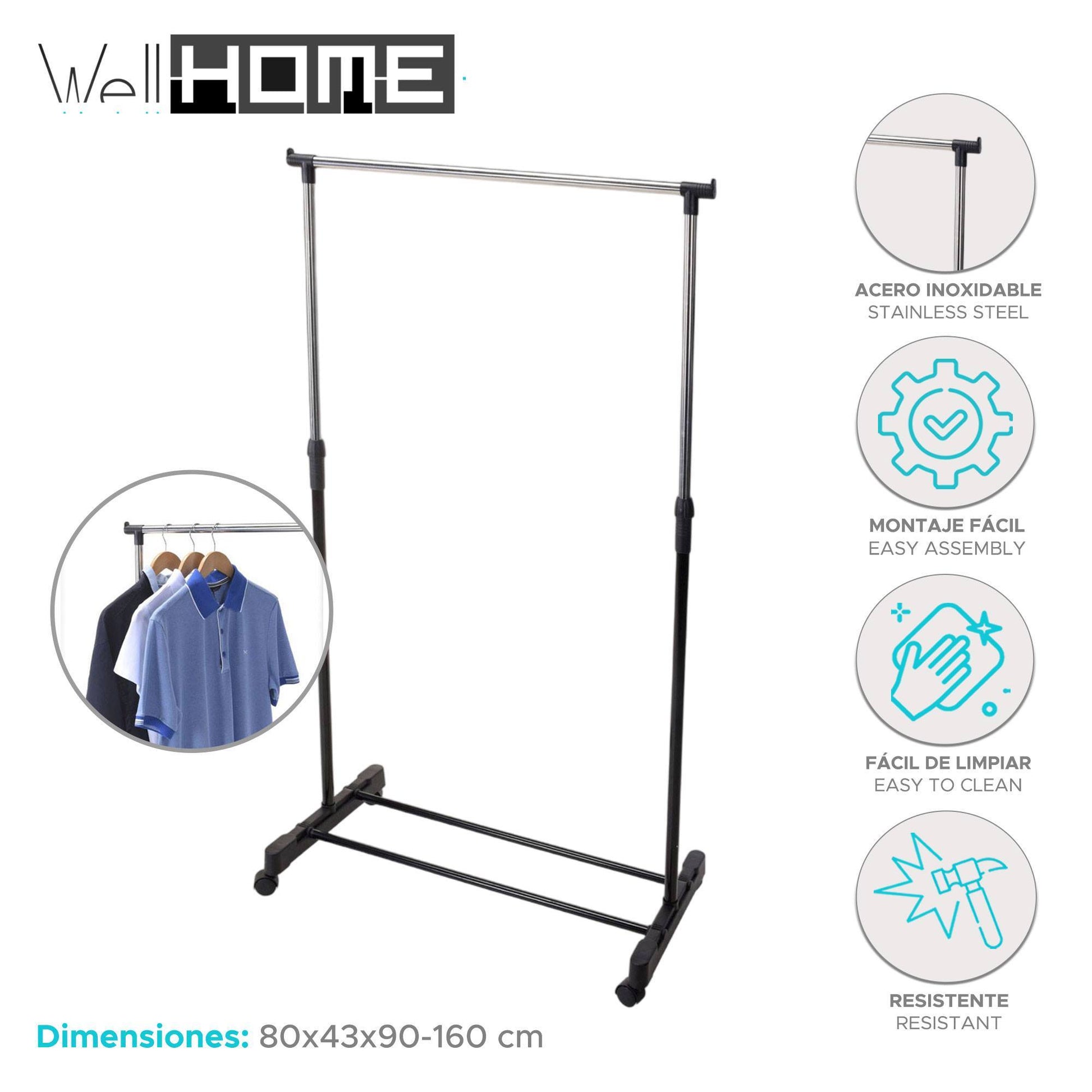 Well Home Estanteria Perchero Con Ruedas Acero Inoxidable H.90-160cm_1