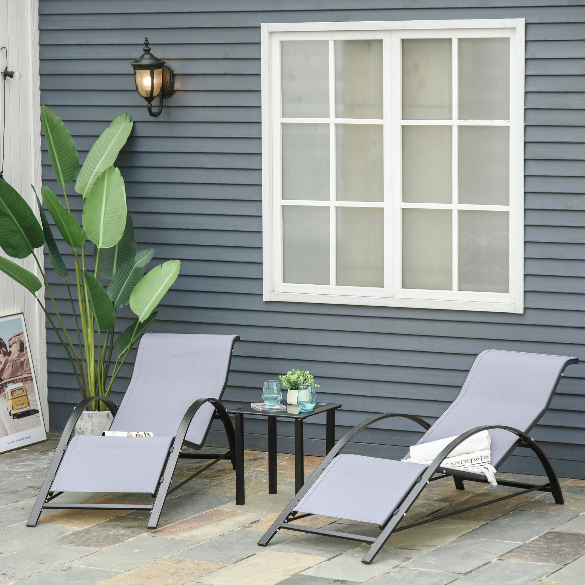 Outsunny 2 Tumbonas De Jardín 59x169x66 Cm Con Mesa De Café 41x41x45 Cm Gris_1