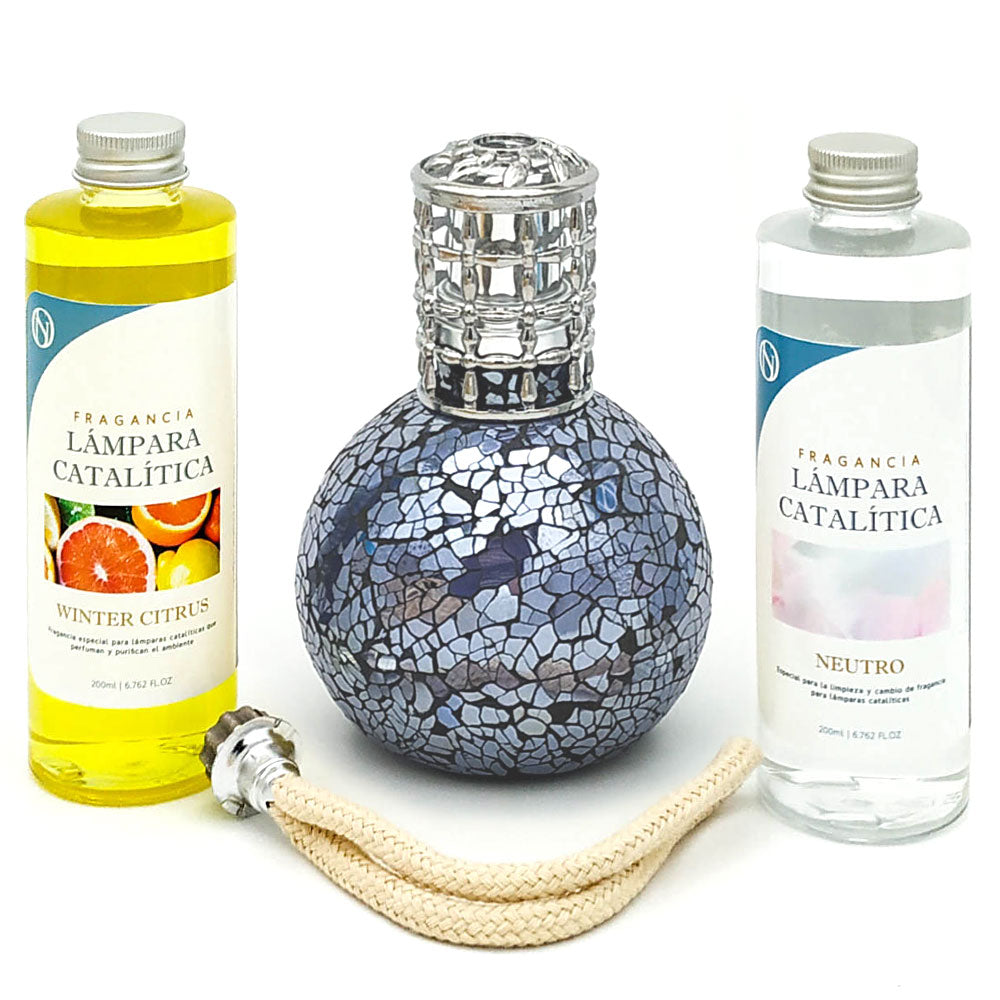 Pack Lámpara Catalítica Mosaico Azul Océano + Fragancia Winter Citrus 500ml + Limpiador Neutro 200ml + Mecha De Repuesto_0