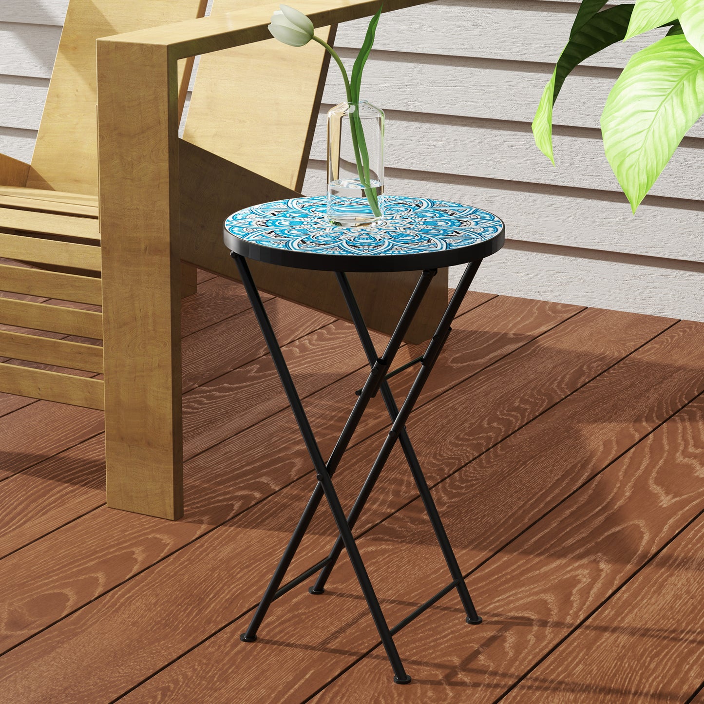 Outsunny Mesa Auxiliar Redonda Plegable Con Encimera De Mosaico Azul_4