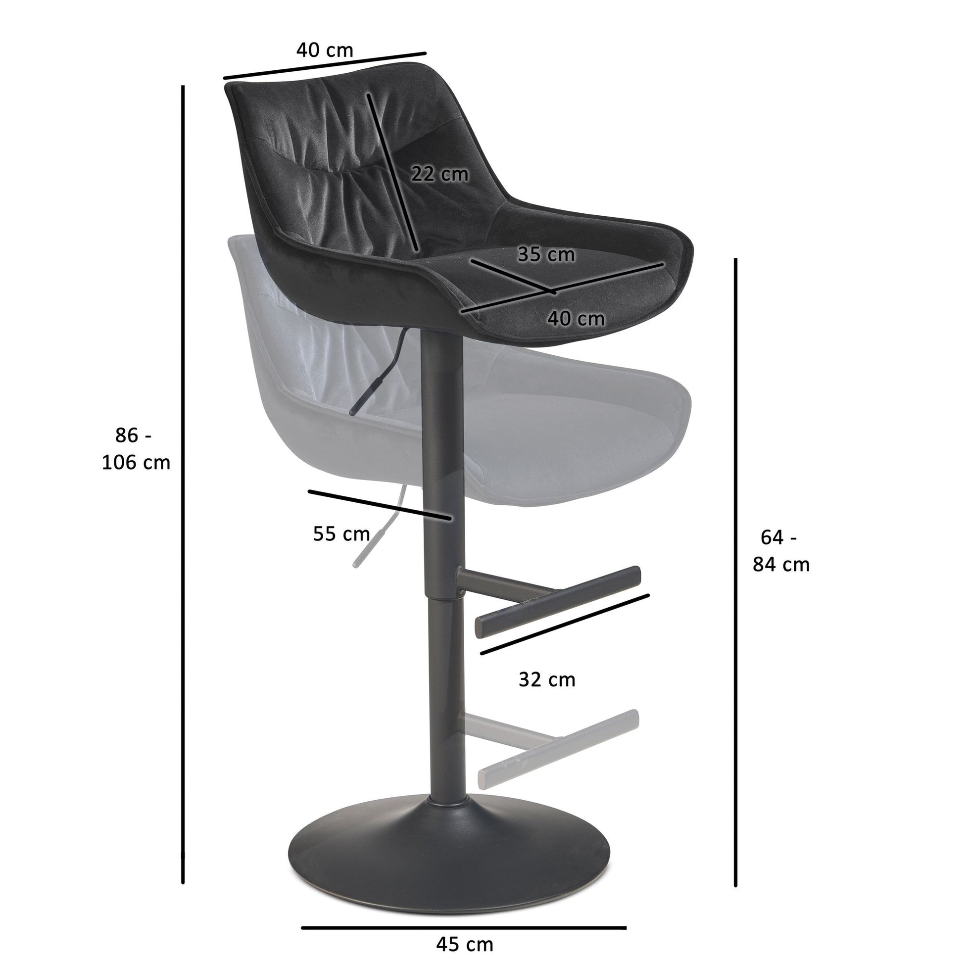 Taburete De Bar Terciopelo Negro Con Respaldo 86 - 106 Cm_3