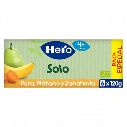 Embalagem de 6 frascos de 120 g de pera, banana e cenoura biológicas - Hero Solo