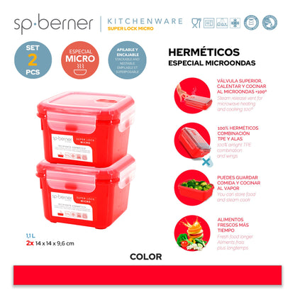 2x Herméticos Super Lock Micro 1,1 L., Cuadrados, Aptos Para Cocinar Al Vapor En El Microondas, Ideal Transporte Y Almacenamiento De Alimentos, Cierr_2