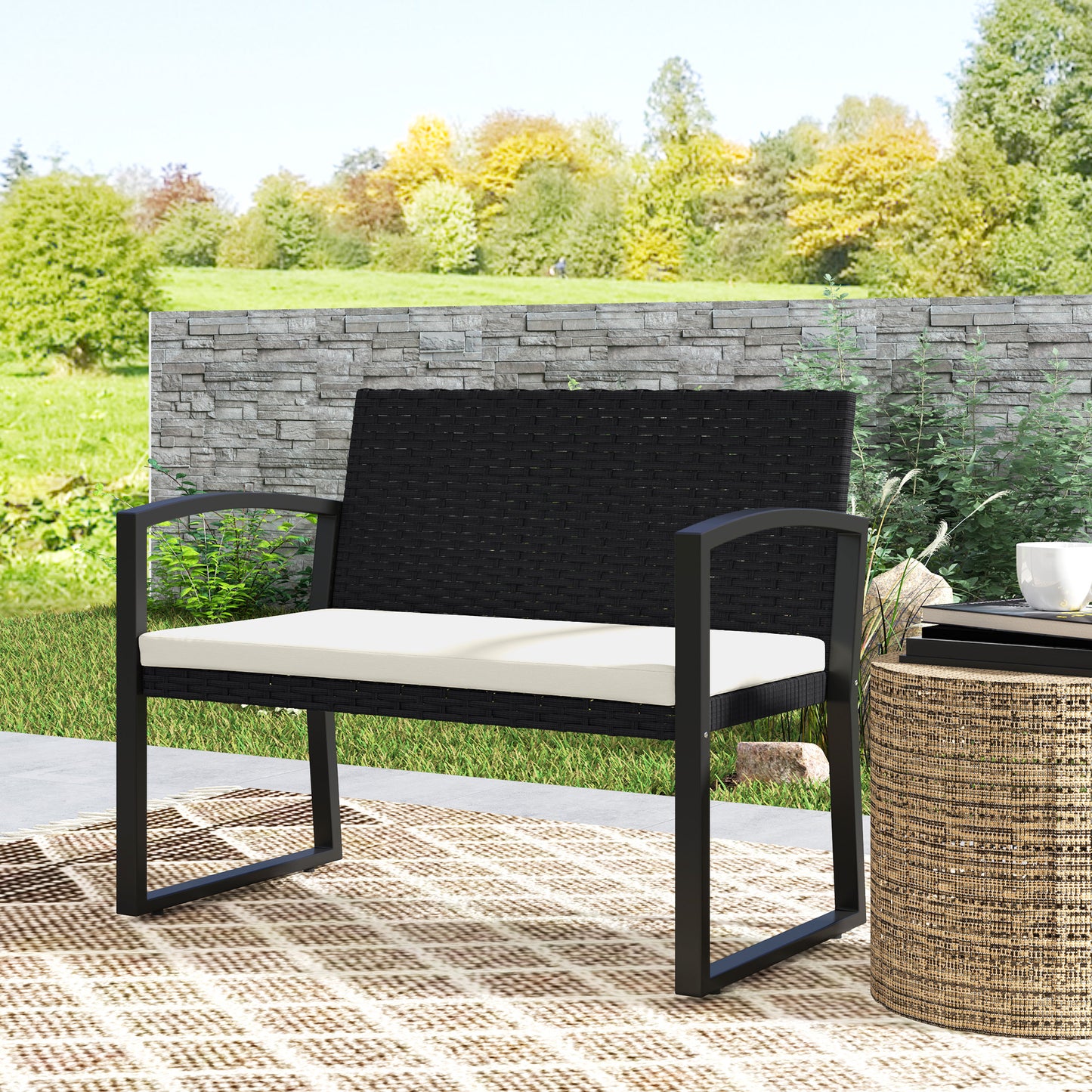 Outsunny Banco De Jardín De Ratán Sintético De 2 Plazas 103x58x78 Cm Negro Beige_3