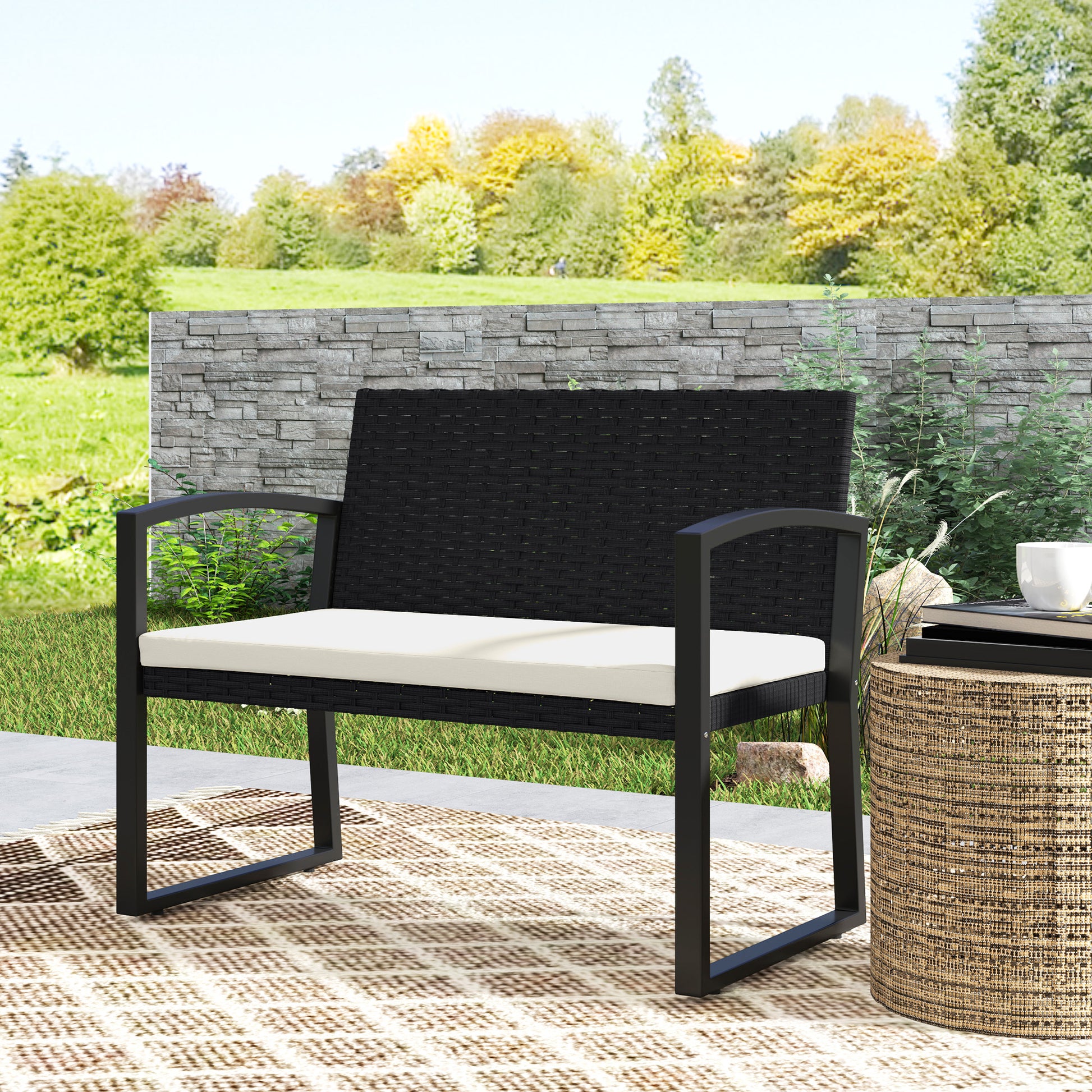 Outsunny Banco De Jardín De Ratán Sintético De 2 Plazas 103x58x78 Cm Negro Beige_3