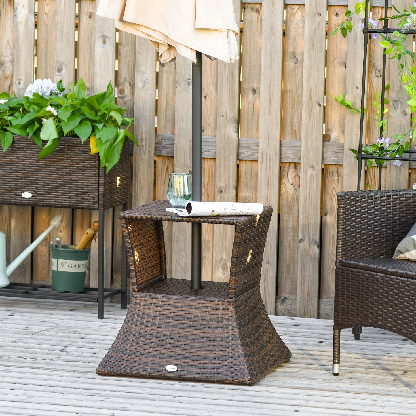 Outsunny Mesa De Centro Ratán Con Agujero De Sombrilla Para Terraza Patio_1