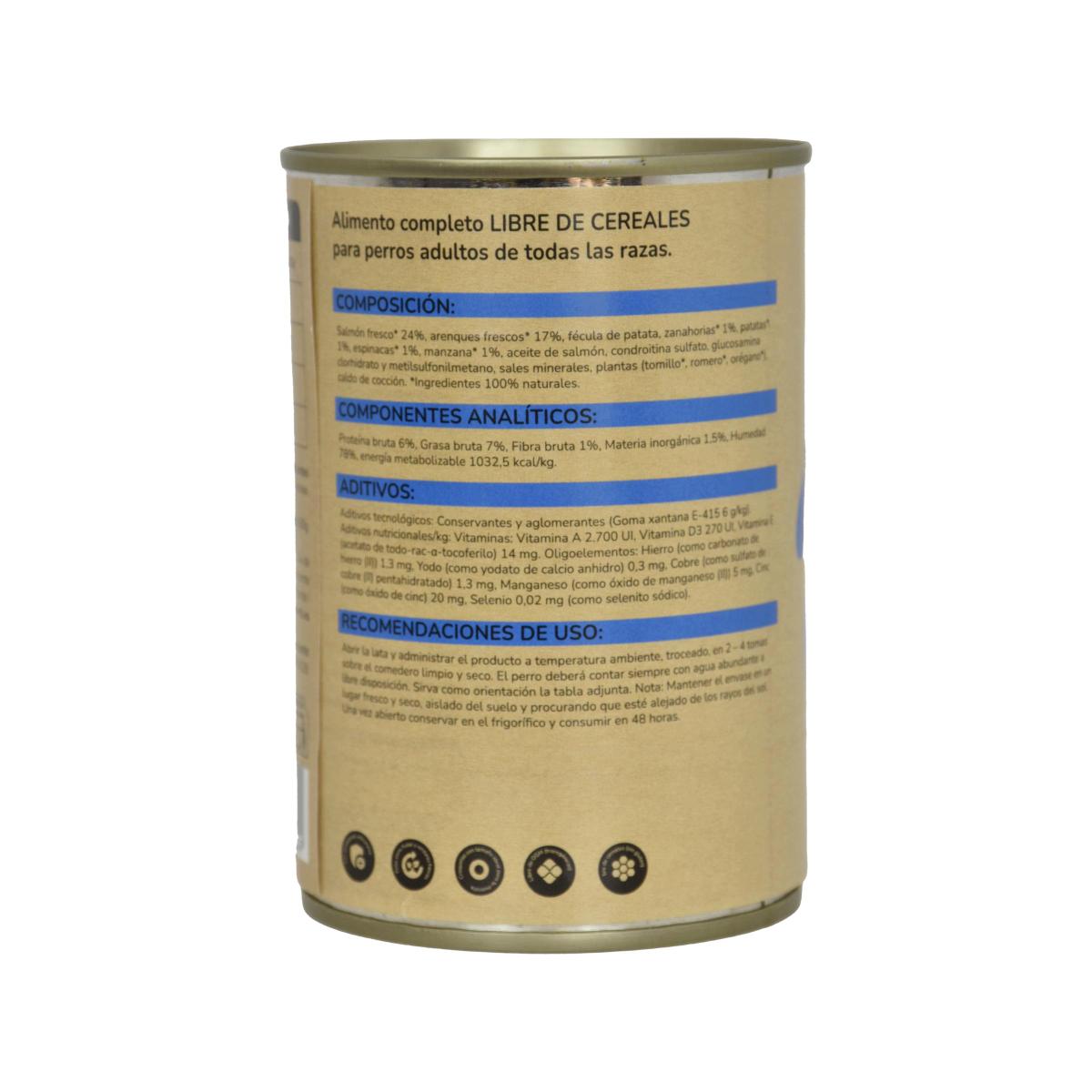 Embalagem de 12 rações húmidas superpremium sem cereais para cães com salmão, 380 g, Planeta Huerto