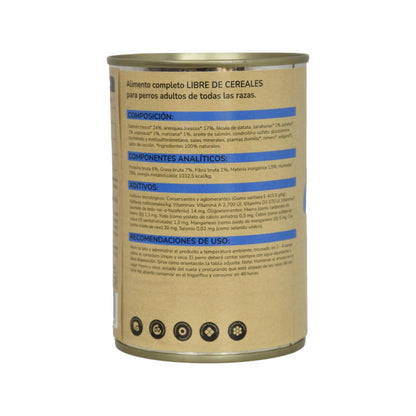 Embalagem de 12 rações húmidas superpremium sem cereais para cães com salmão, 380 g, Planeta Huerto