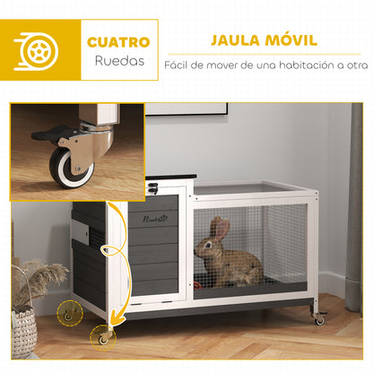 Pawhut Conejera De Madera Con Ruedas Techo Abatible 91x51x66 Cm Gris Oscuro_5