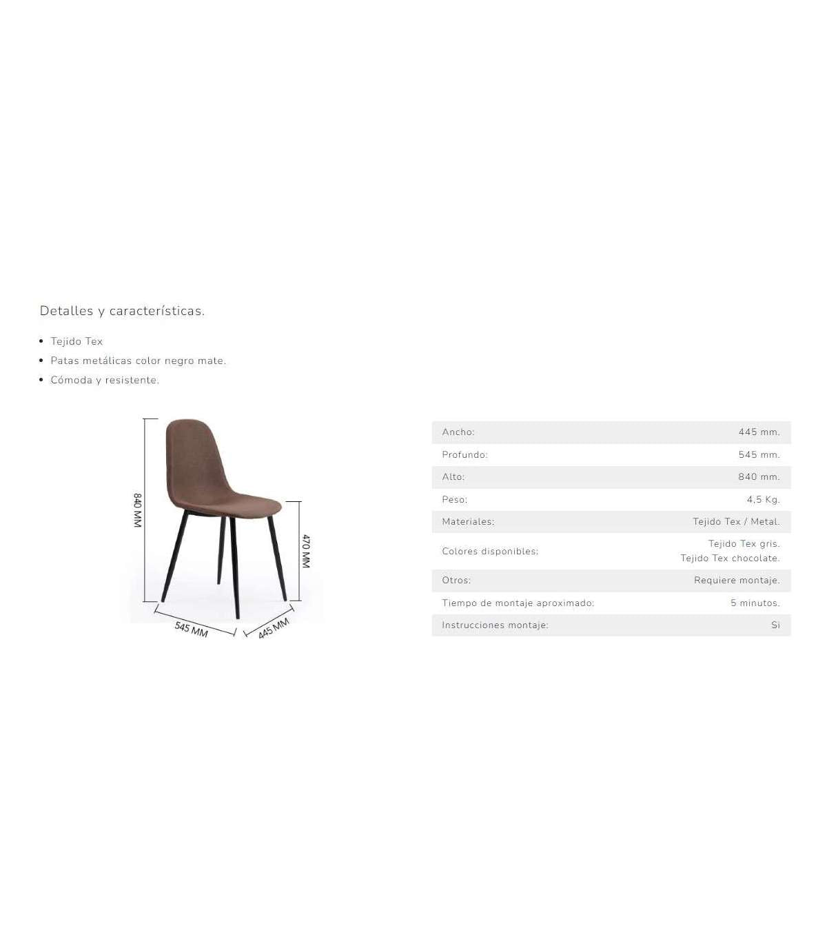 Pack De 4 Sillas Comedor Hall Tapizado Textil Chocolate, 84cm(alto) 44,5cm(ancho) 54,5cm(l_2