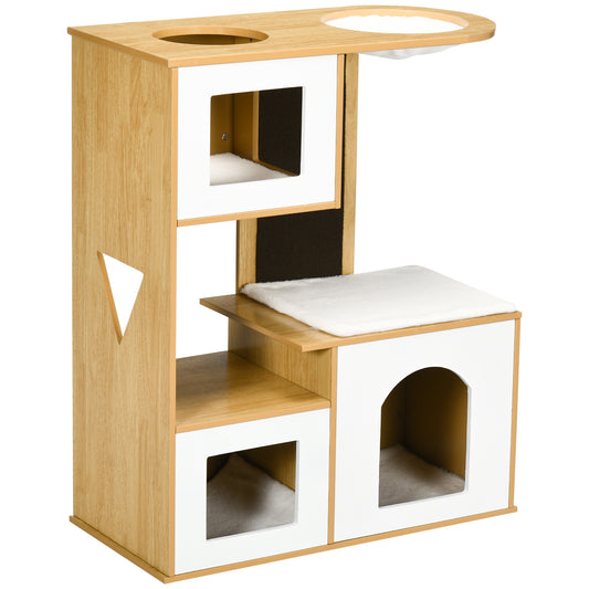 Pawhut Árbol Rascador Para Gatos Altura 92,5 Cm Con 3 Casetas De Madera Cojines_0