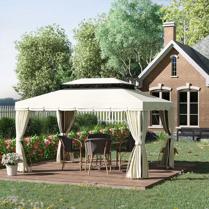 Outsunny Cenador De Jardín 4x3 M Con Doble Techo 4 Cortinas 4 Mosquiteras Crema_1