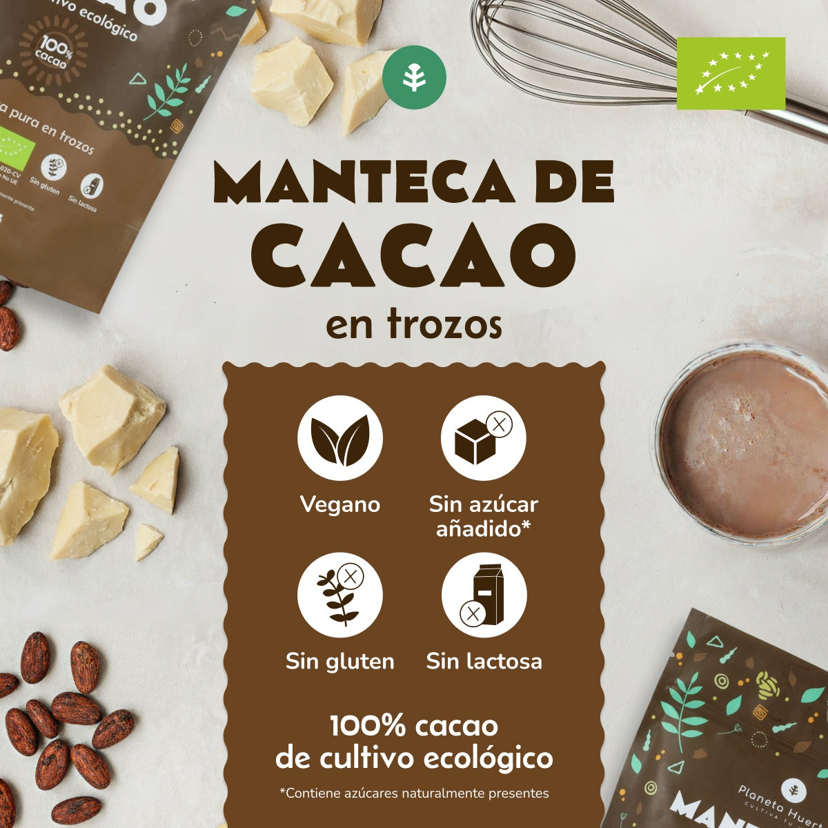Manteiga de cacau pura em pedaços ECO Planeta Huerto 250 g